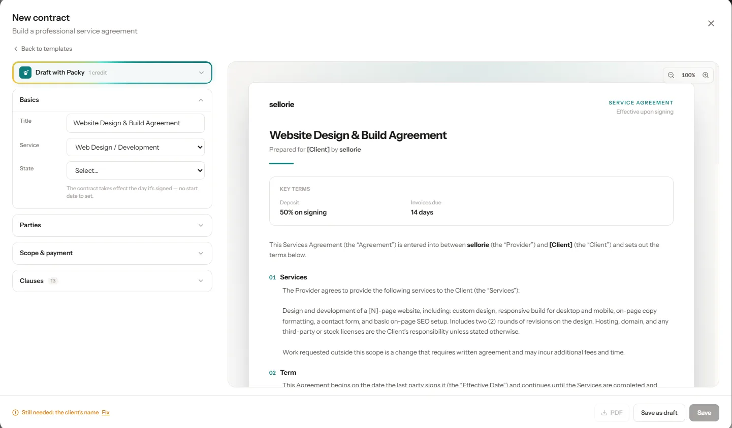The Packleads contract builder drafting a service agreement