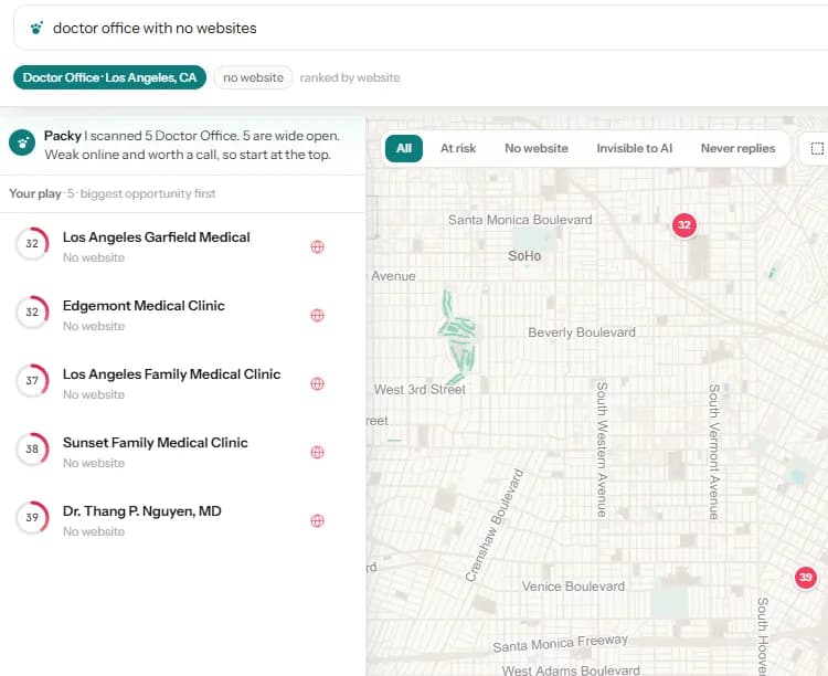 Packleads AI Search results: a ranked list of doctor offices with no website, beside a map of scored pins