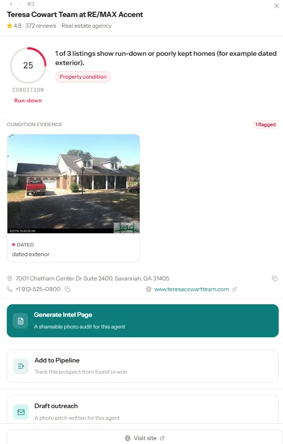 Vision AI condition panel scoring a property 25, Run down, with the flagged photo as evidence