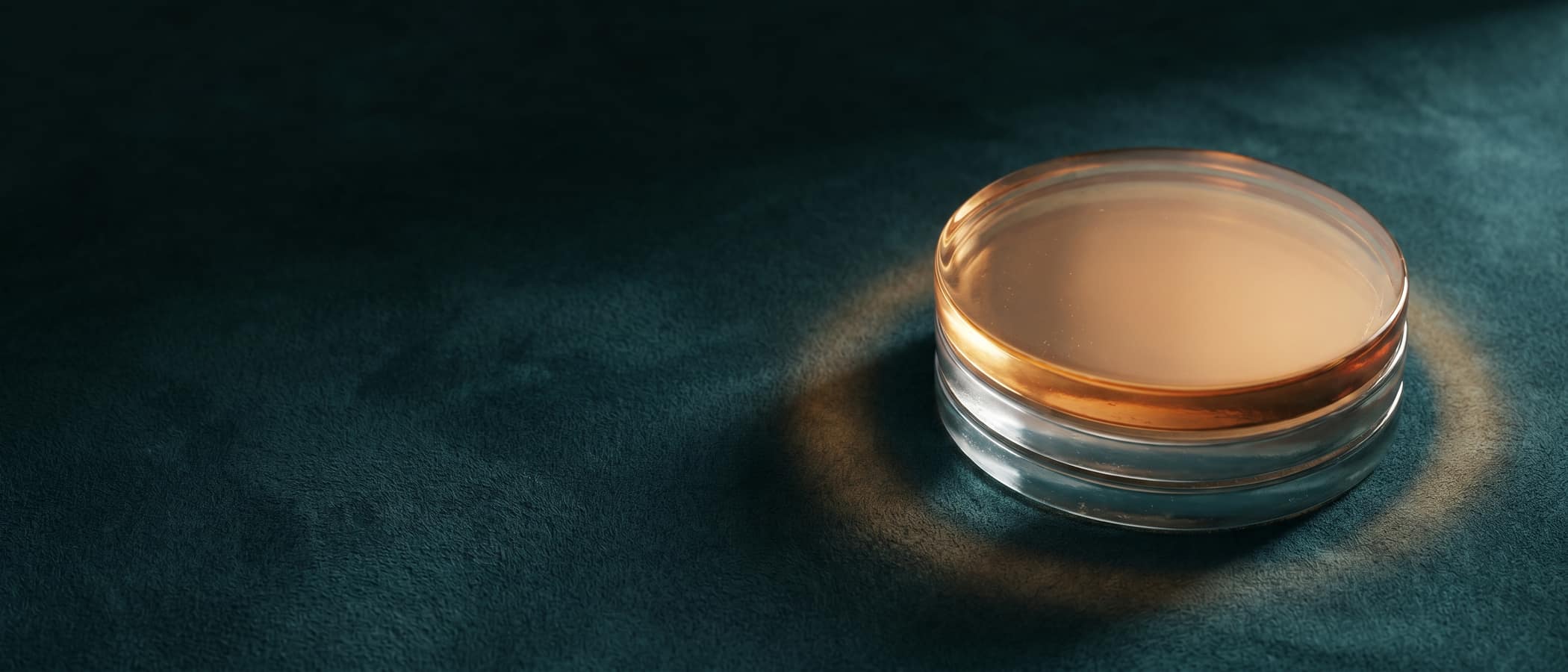 A stack of translucent glass discs on dark teal suede, the top disc glowing amber