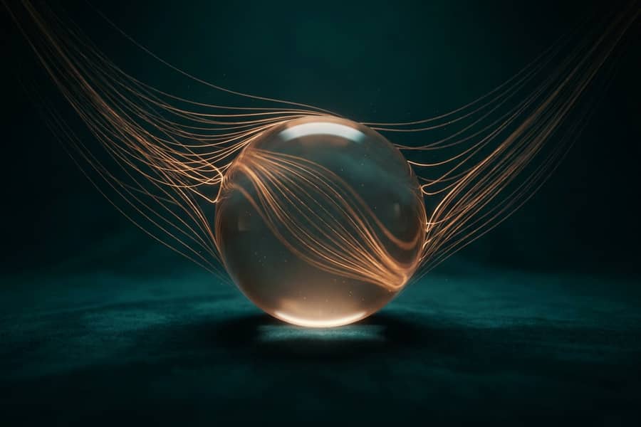 A glass orb gathering threads of amber light in darkness