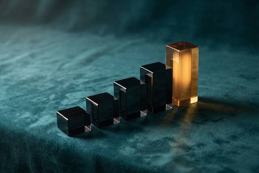 An ascending row of dark glass blocks, the tallest glowing amber