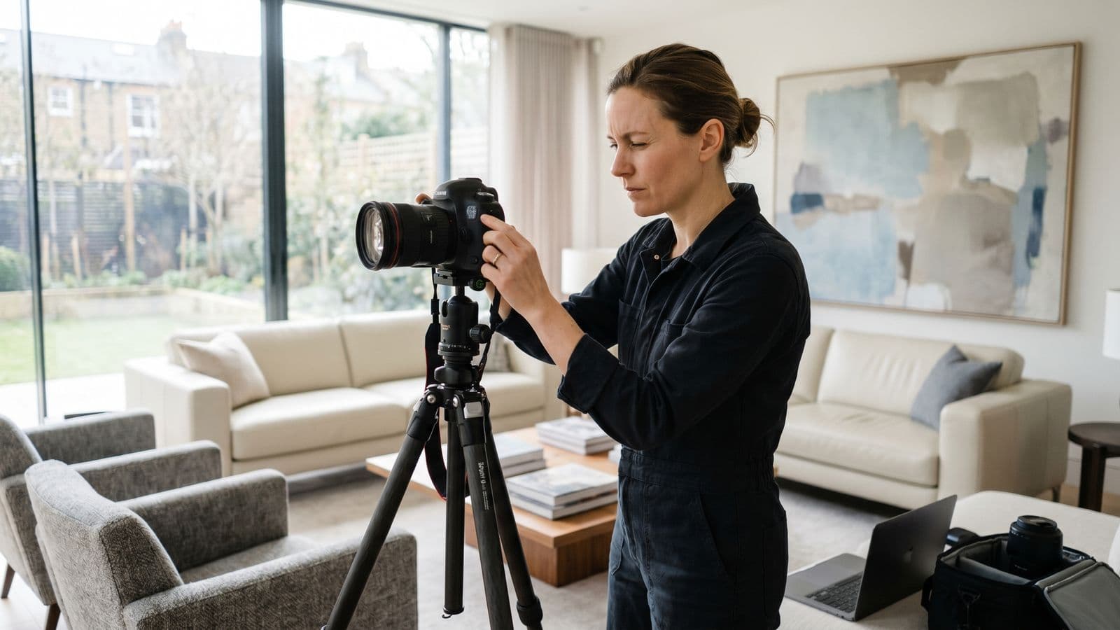 Real estate photographer adjusting a camera on a tripod in a bright staged living room