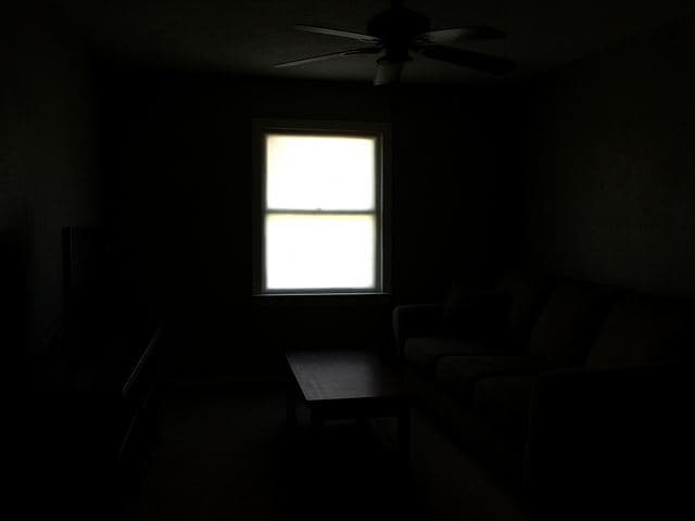 Underexposed living room listing photo, almost completely dark with one blown out window