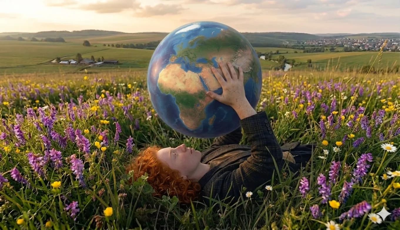 A person reclining in a wildflower field, cradling a globe against the sky
