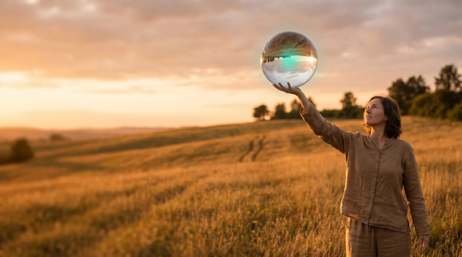 A person holding a crystal sphere up in a golden field, the landscape clear inside it