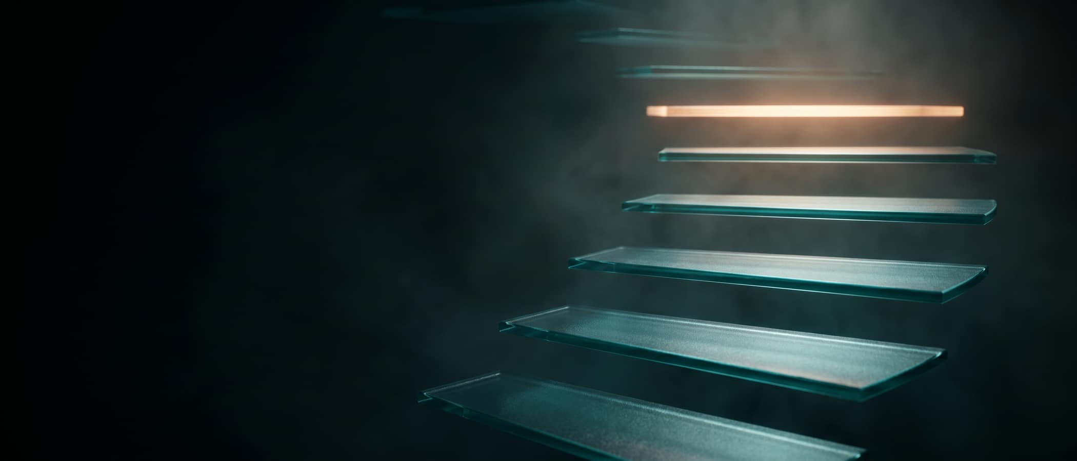A staircase of frosted glass steps rising through darkness, the top step glowing amber
