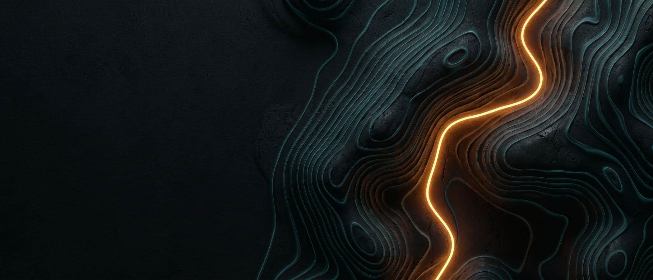 Glowing amber route threading through dark teal topographic contour lines
