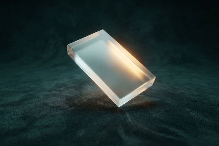 A luminous frosted glass plate floating above dark teal suede