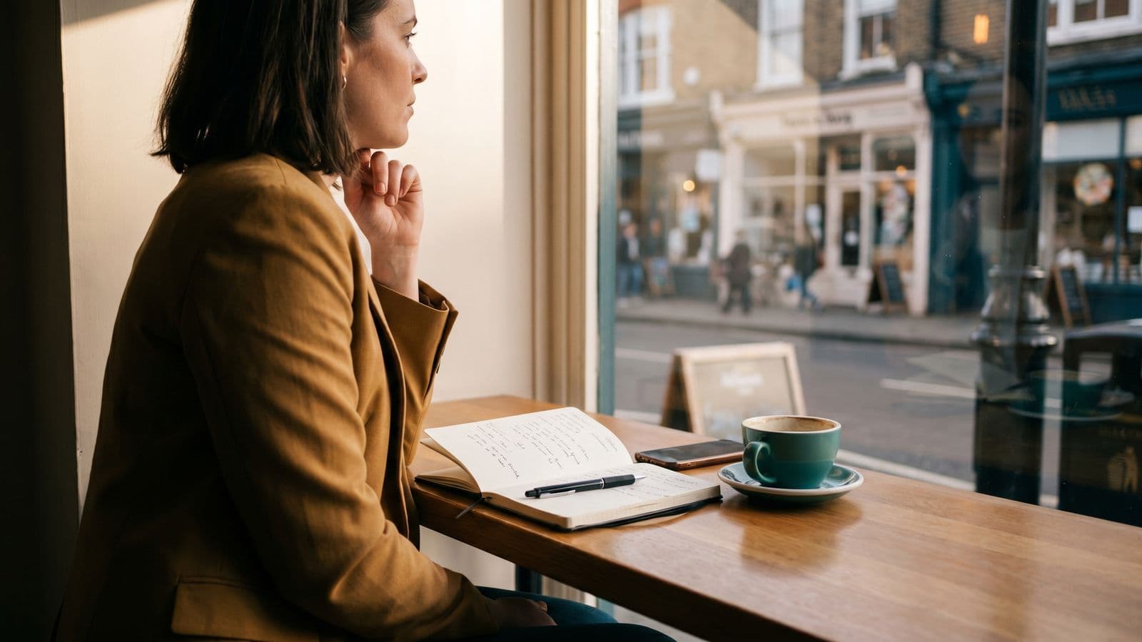 Marketing consultant working at a coffee shop window overlooking small local storefronts