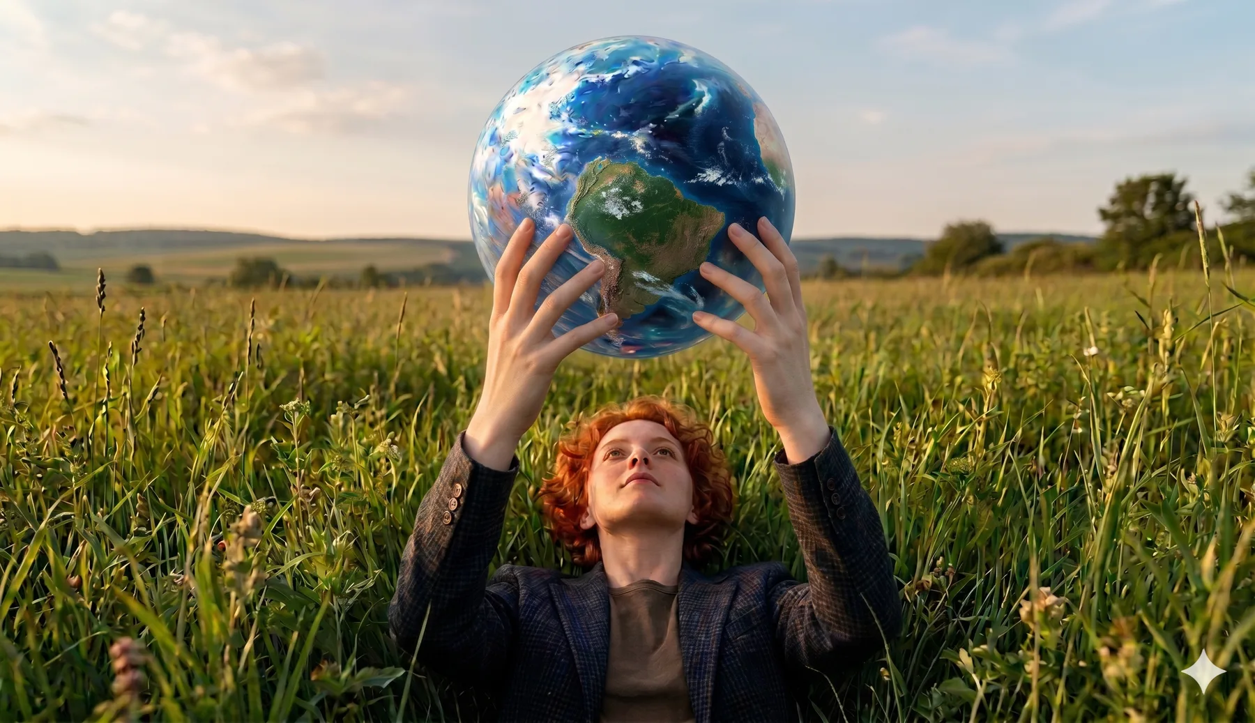 A person holding the whole world in their hands in a sunlit field