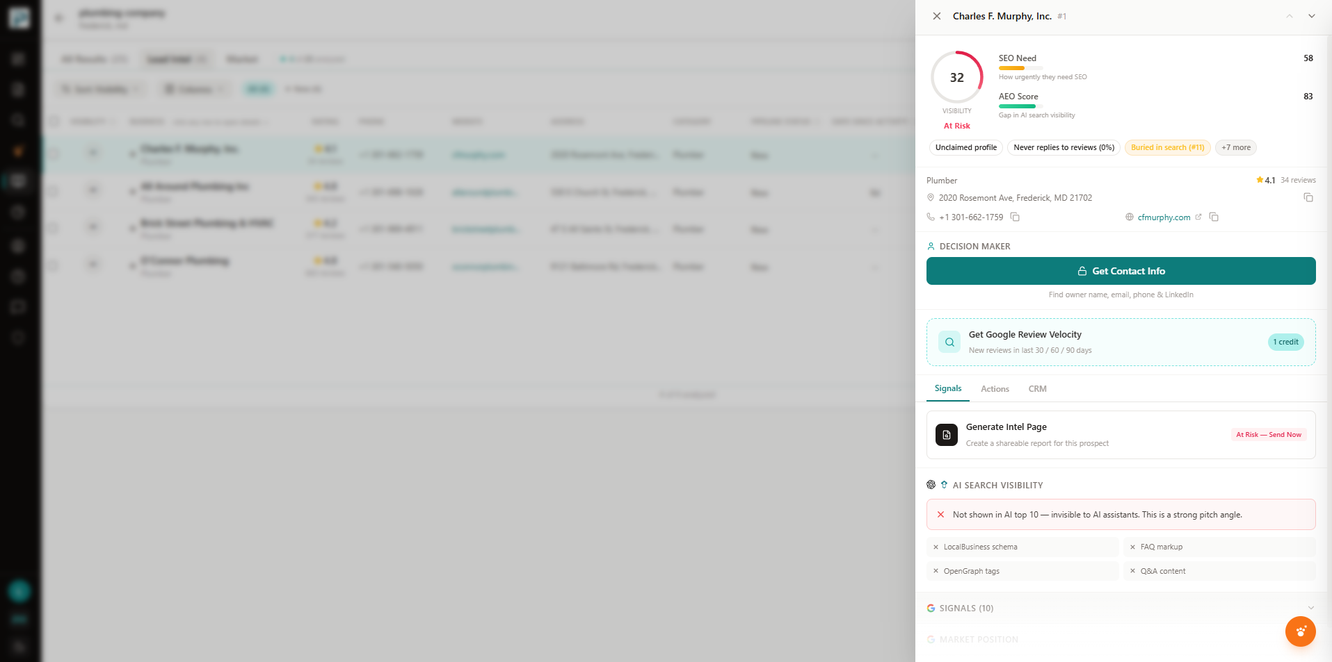 Business detail panel showing visibility signals breakdown